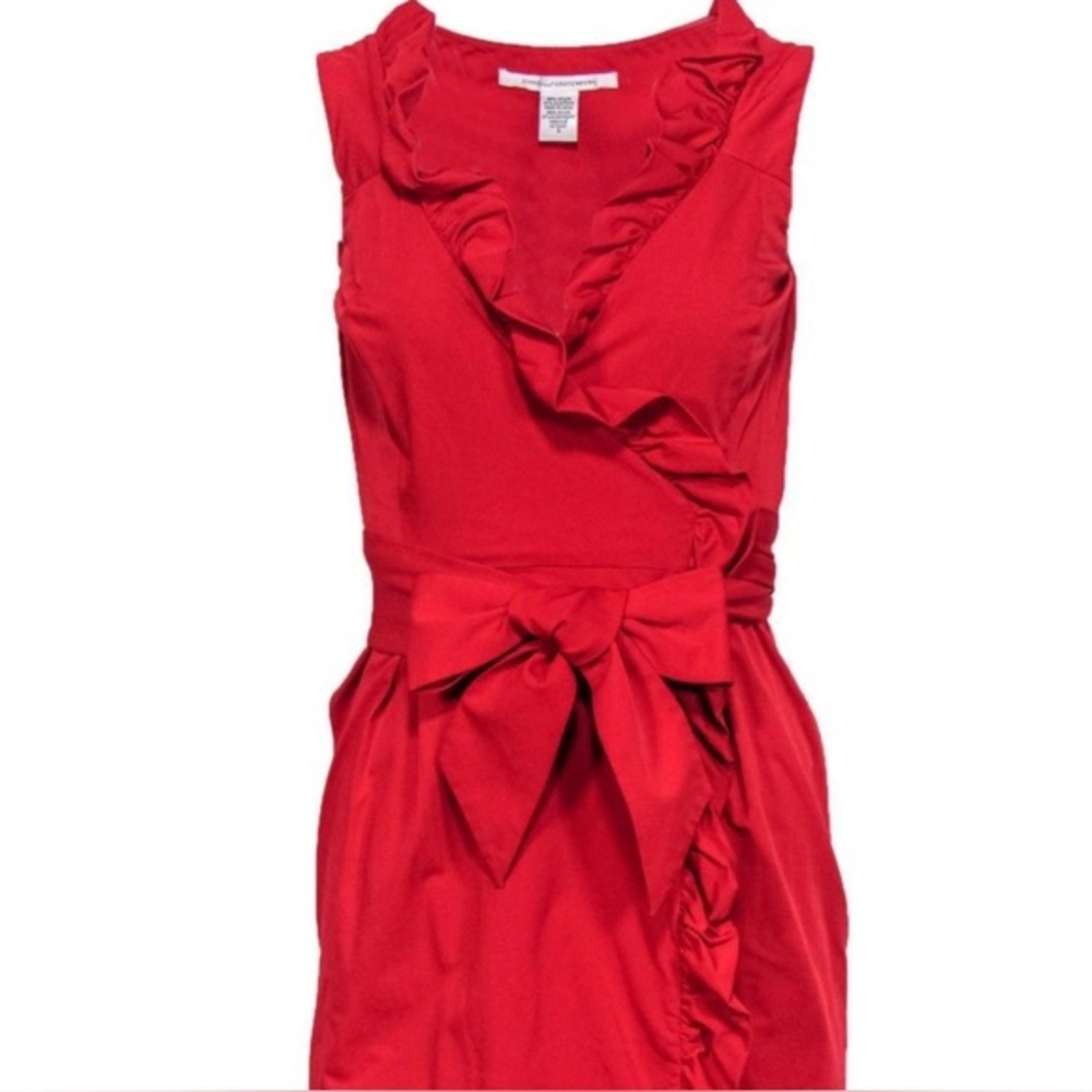 DIANE Von FURSTENBERG Red ruffle belted wrap dress bow tie - Picture 3 of 11